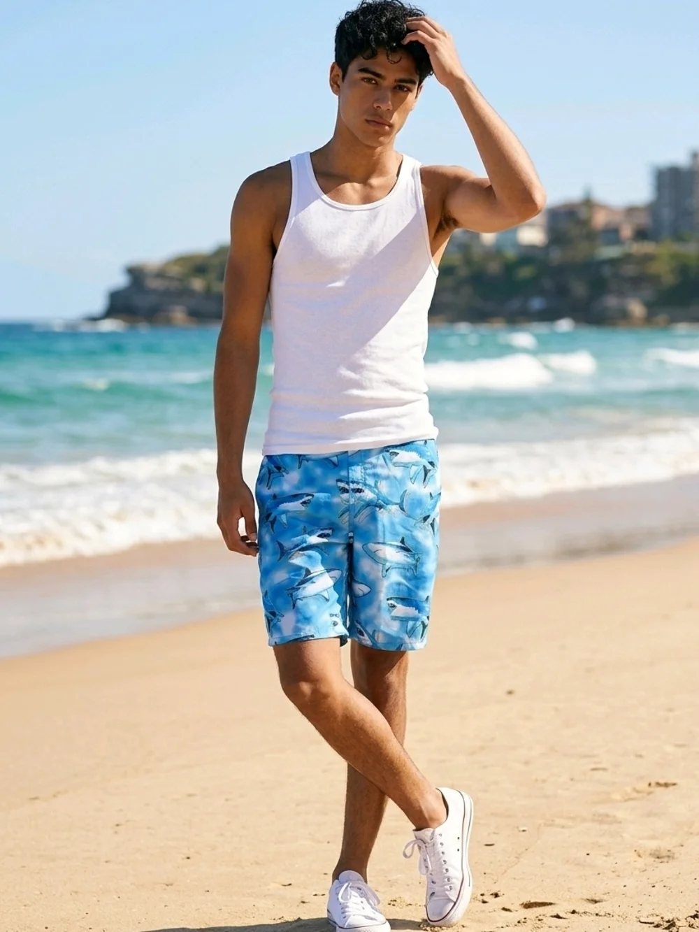 NWT Shark-Print Boy's Swim Trunks - Blue XL 18/20